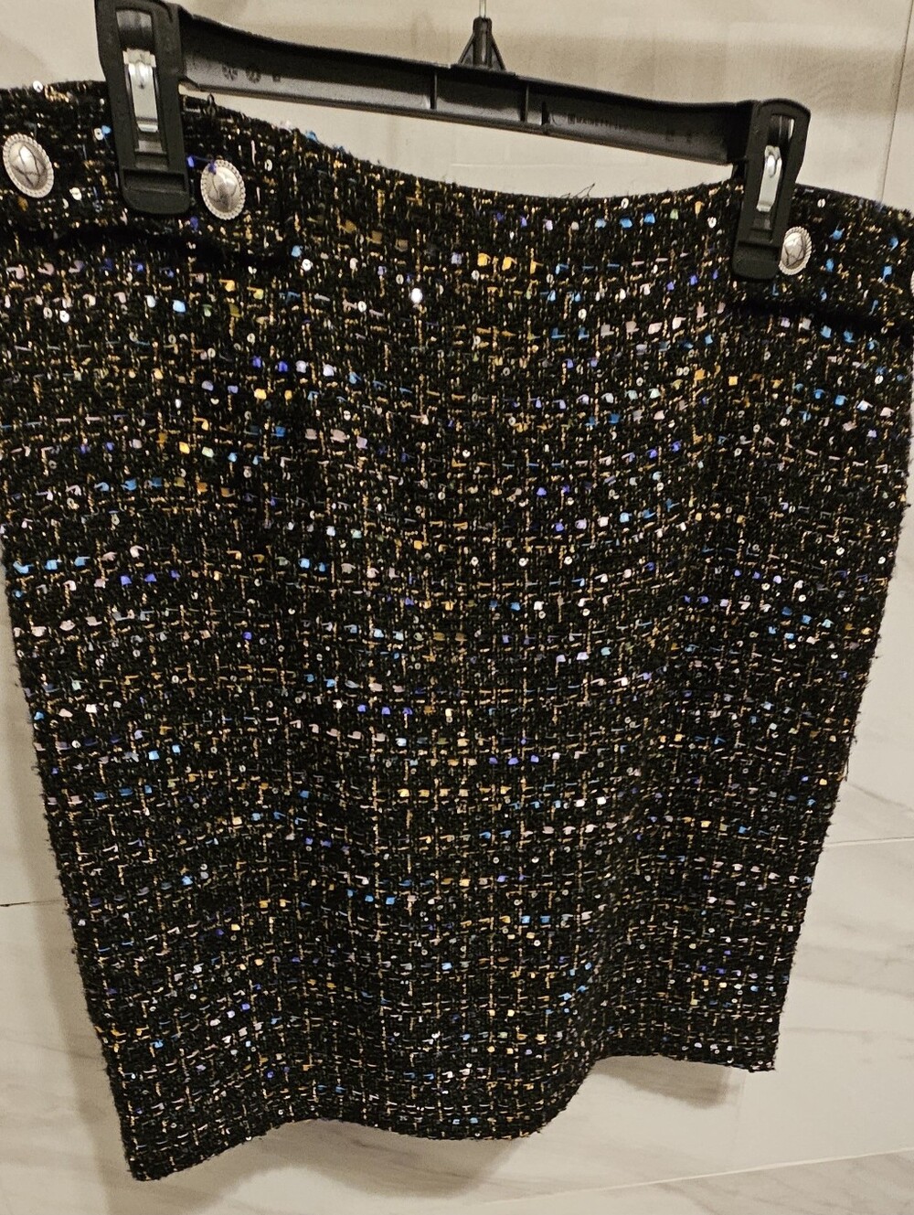 BCBG Black Tweed Pencil Skirt with Blue, Pink, Yellow and Gold Specks